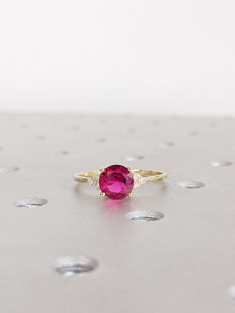 Round Lab Grown Ruby Engagement Ring, 14K Yellow Gold Diamond Cluster Birthstone Ring, Vintage Inspired Ruby Jewelry, Ruby Ring Gift For Her
