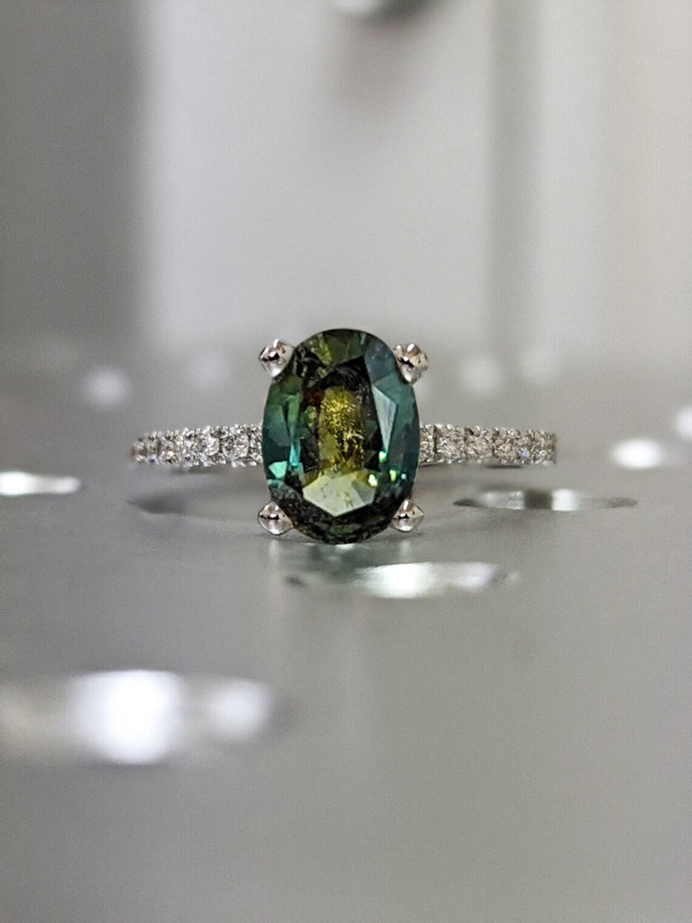 1 Carat Teal Sapphire and Diamond Engagement Ring: 14k White Gold, Oval cut