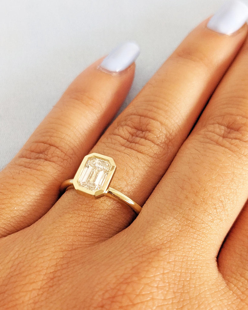 Emerald Cut Moissanite Solitaire Engagement Ring - 14K Yellow Gold, Bezel Setting, Minimalist Proposal Ring, Statement Wedding Ring