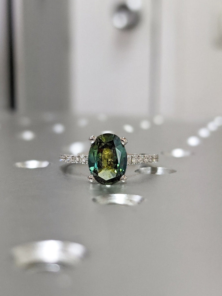 Green Sapphire Engagement Ring with Diamonds, Classic 14K 18k Gold Rings for Women, Vintage September Birthstone Jewelry, Best Gift Idea