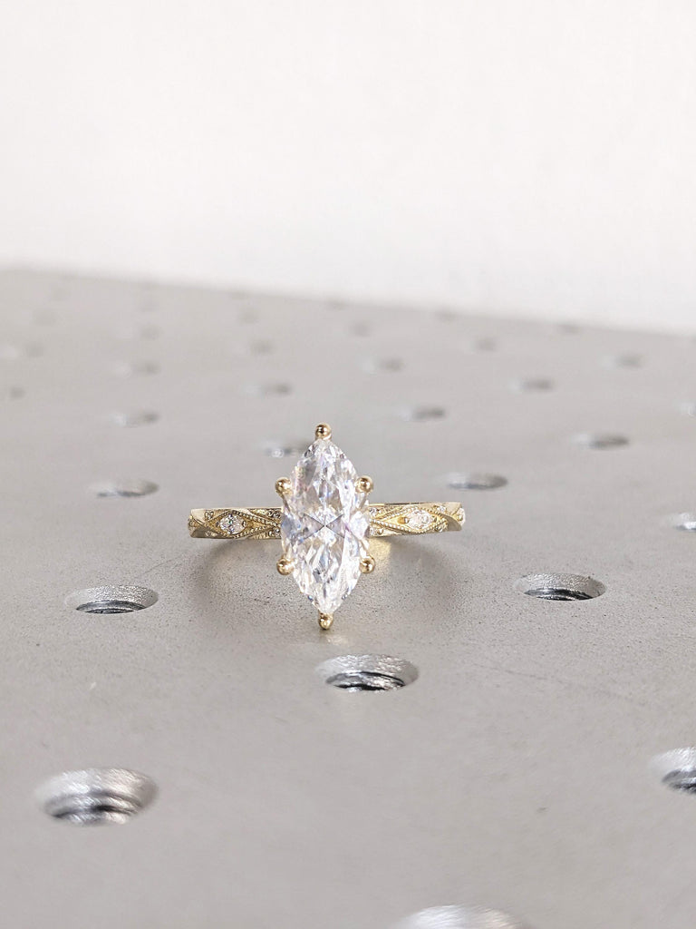 Marquise Cut Lab Grown Diamond Ring, Prong Set Milgrain Diamond Engagement Ring, 14K Yellow Gold Wedding Ring, Promise Ring, Rings For Woman