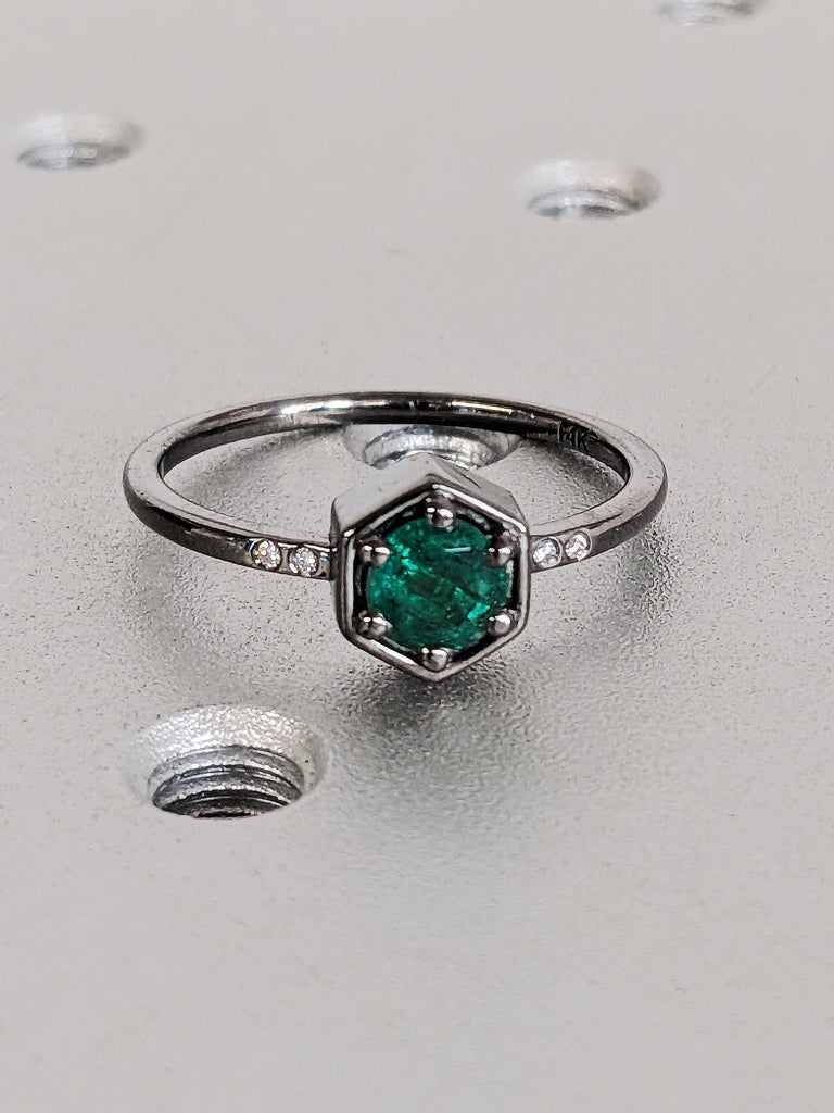 Thin 14K Solid Black Gold Emerald Wedding Band, Round Green Natural Emerald Ring, Diamond Bezel Wedding Anniversary Ring, Taurus Birthstone