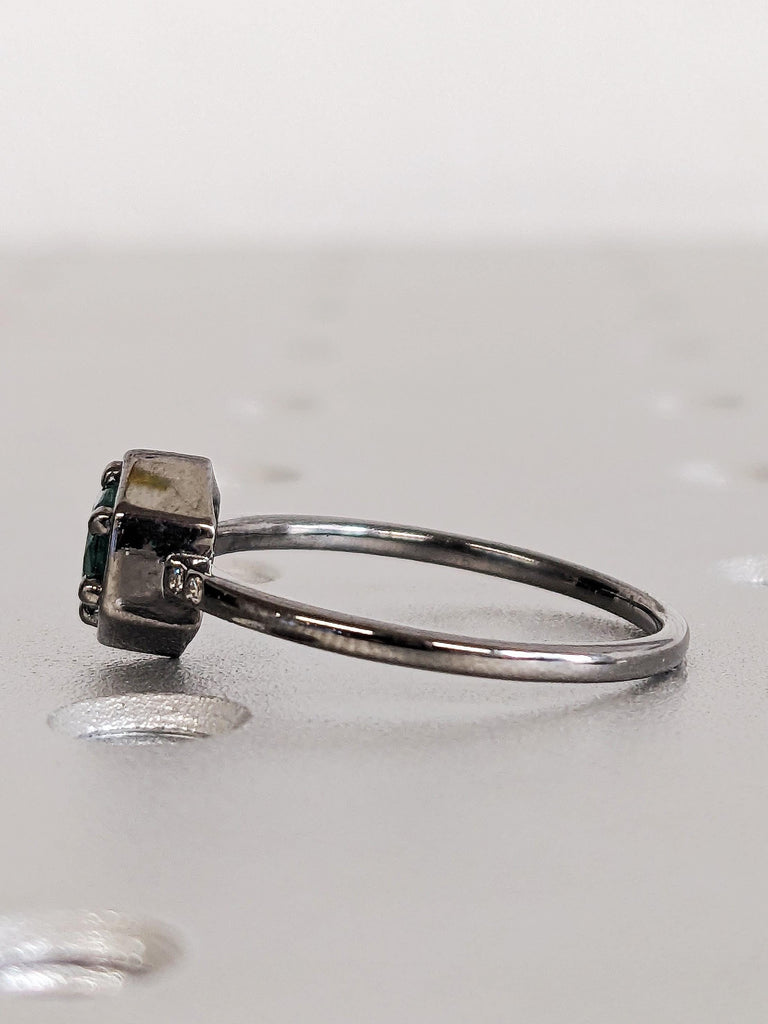 Thin 14K Solid Black Gold Emerald Wedding Band, Round Green Natural Emerald Ring, Diamond Bezel Wedding Anniversary Ring, Taurus Birthstone