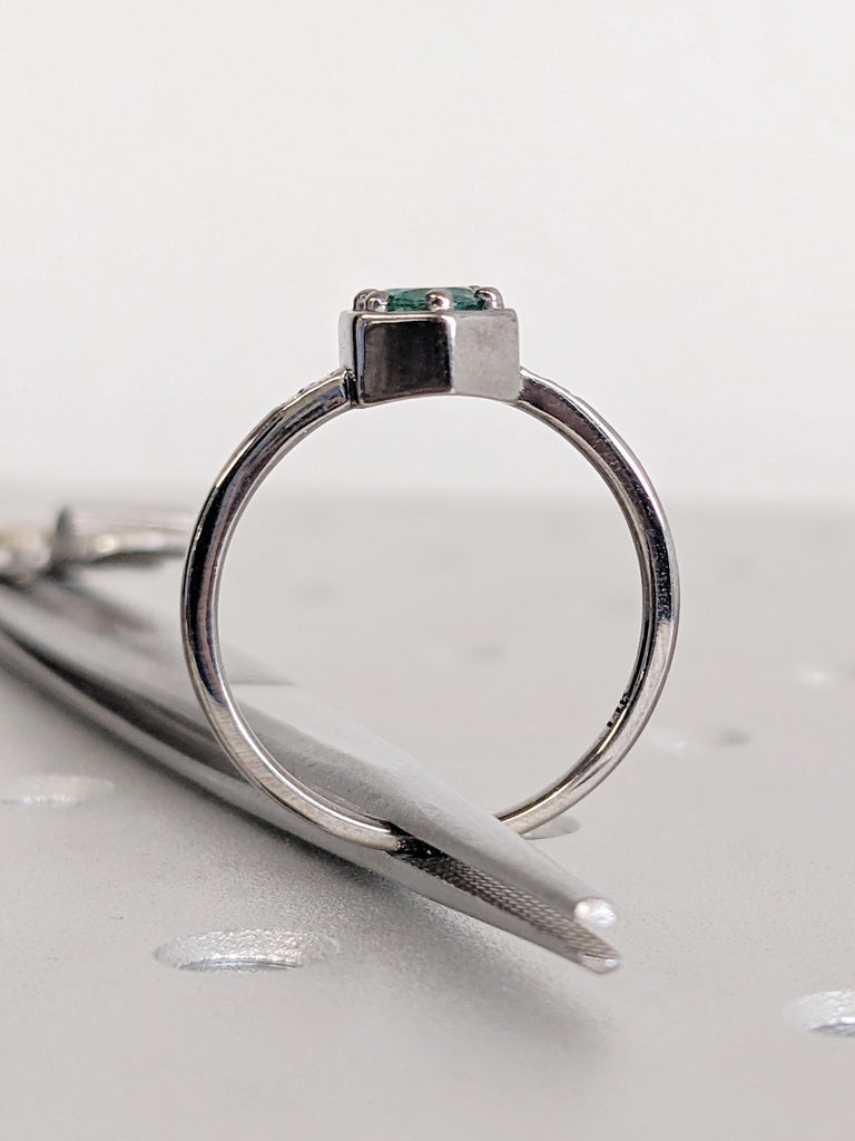 Green Taurus Emerald Engagement Ring, Round Diamond Octagonal Bezel Band, 14K Solid Black Gold Women's Ring