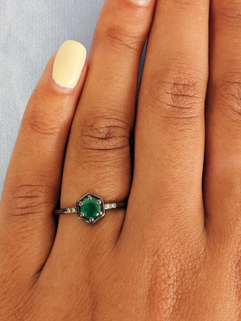 Thin 14K Solid Black Gold Emerald Wedding Band, Round Green Natural Emerald Ring, Diamond Bezel Wedding Anniversary Ring, Taurus Birthstone