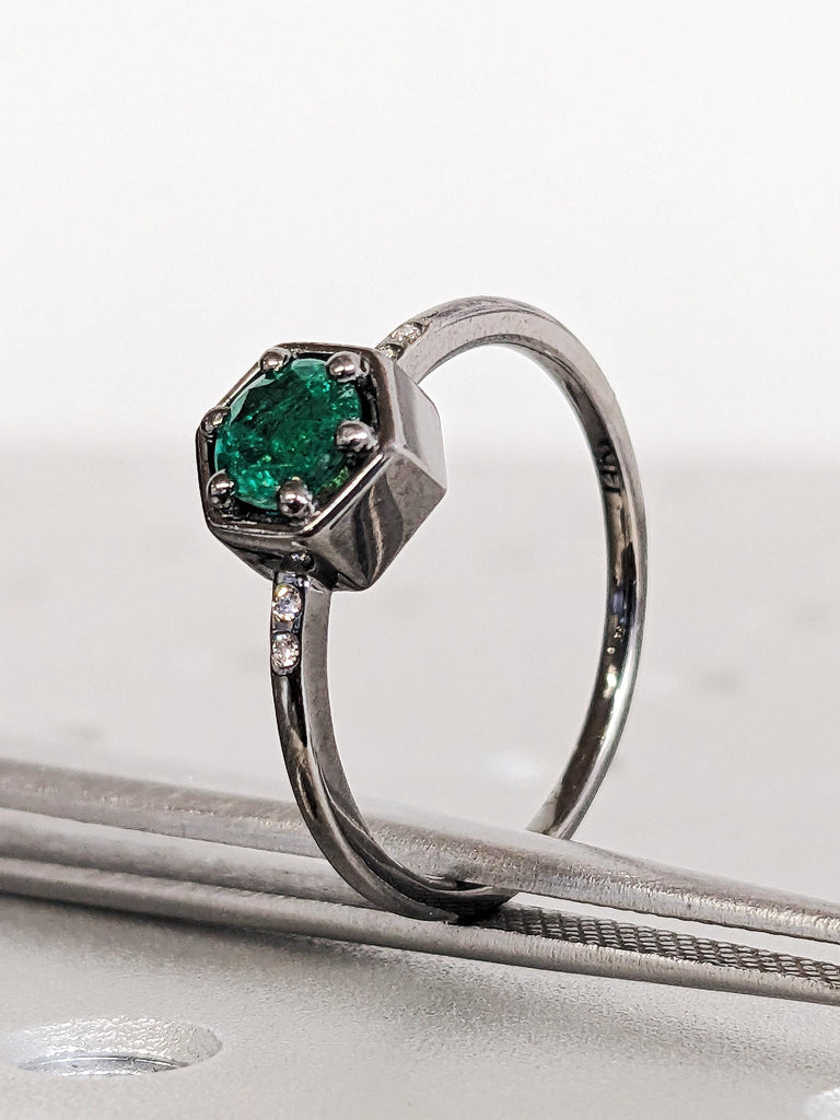 Thin 14K Solid Black Gold Emerald Wedding Band, Round Green Natural Emerald Ring, Diamond Bezel Wedding Anniversary Ring, Taurus Birthstone