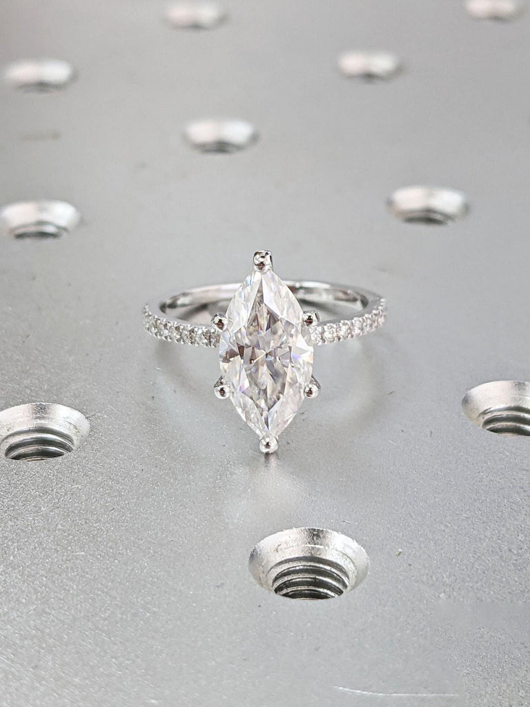 14k White Gold Thin Engagement Ring with Half Eternity Band: Marquise cut VVS Moissanite