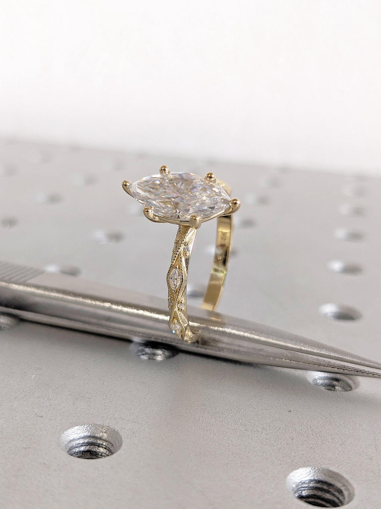 Unique Moissanite Engagement Ring, 14K Solid Yellow Gold Art Deco Marquise Ring, Milgrain Ring For Women, Wedding Ring For Her, Fine Jewelry