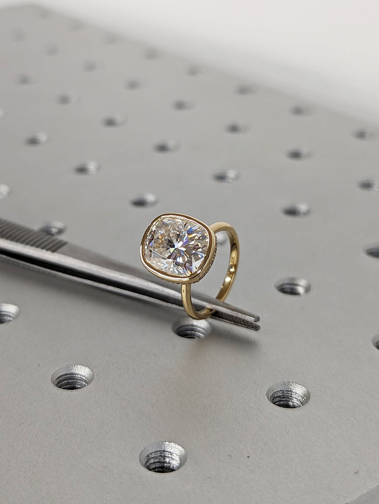 1-4ct Elongated Cushion Cut Moissanite Hidden Halo Engagement Ring | Solid Gold Long Cushion Cut Moissanite Solitaire Ring | Bezel set Ring