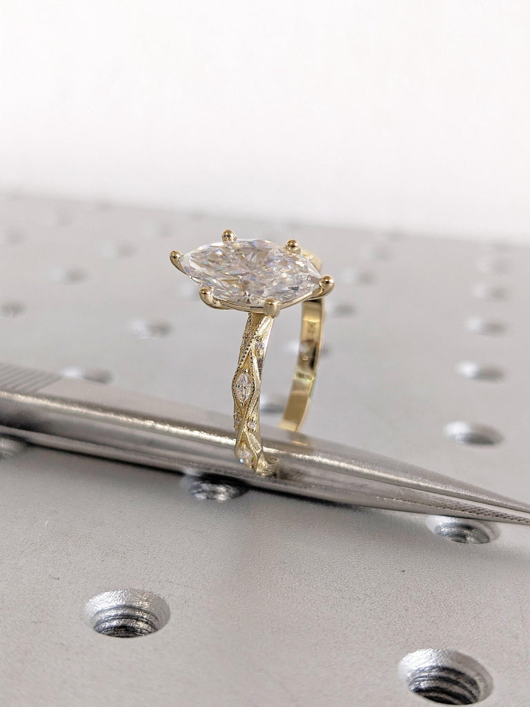 2ct Marquise Lab Grown Diamond Engagement Ring, Prong Set Milgrain 14K Yellow Gold Wedding Ring