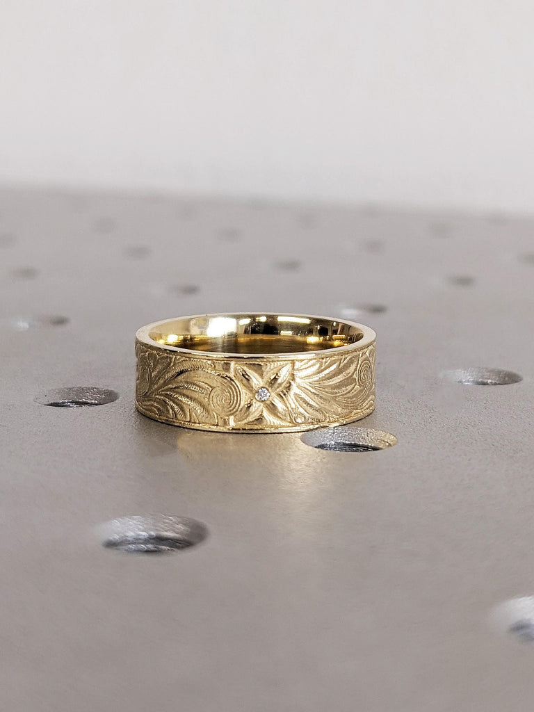 Gold Diamond Men's Engagement Ring, Vintage 6MM Floral Leaf Wedding Band, 14K Solid Yellow Gold Unisex Ring
