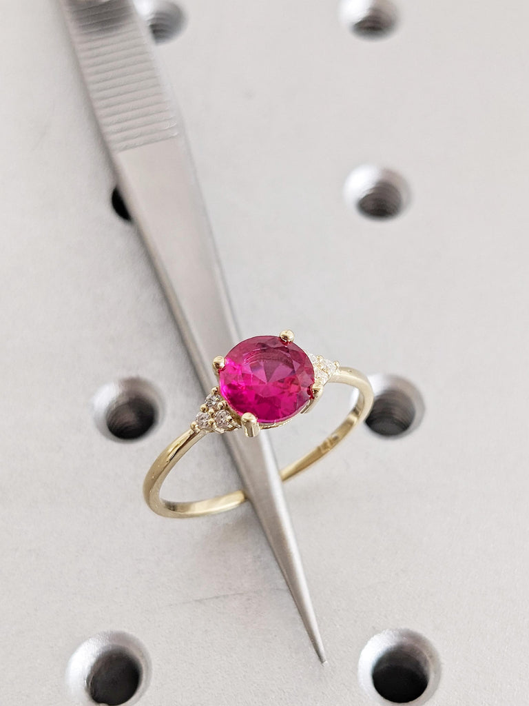 Round Lab Grown Ruby Engagement Ring, 14K Yellow Gold Diamond Cluster Birthstone Ring, Vintage Inspired Ruby Jewelry, Ruby Ring Gift For Her