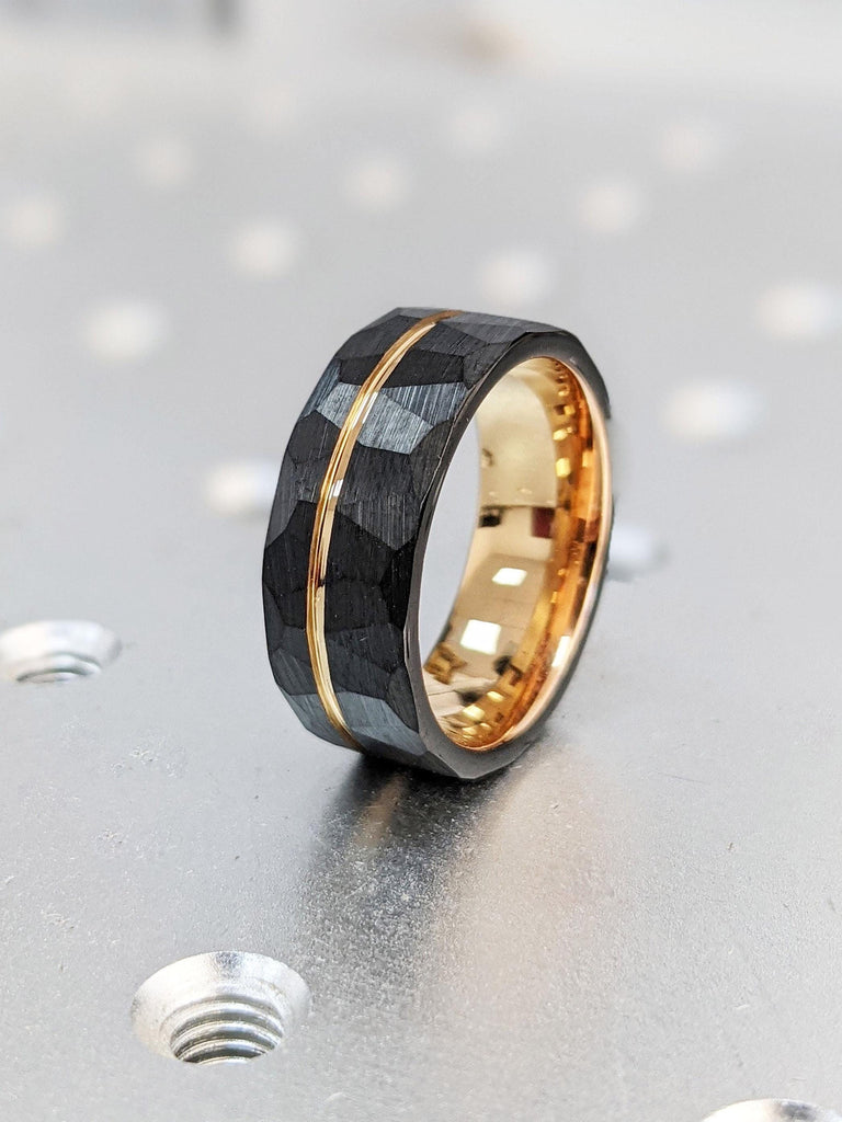 8MM Comfort Fit Men Wedding Bands | Black and Rose Gold Tungsten Carbide Ring | Hammered Tungsten Ring for Him | Rustic Engagement Jewelry