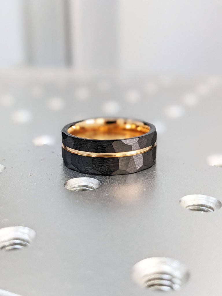 Mens Tungsten Engagement Ring: 8MM Wide Comfort Fit, Black Brushed Finish Hammered Facet, Rose Gold Stripe & Inlay