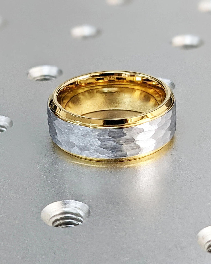 Men's Tungsten Wedding Band / Hammered Silver Tungsten Ring / 8mm Wide Wedding Ring for Him / Yellow Gold Plated Tungsten Band / Comfort Fit