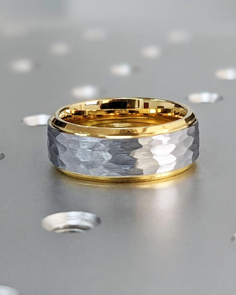 8mm Hammered Tungsten Men's Wedding Band: Yellow Gold Plated Interior, Silver Color Tungsten Carbide Exterior, Beveled Edge Tungsten Ring