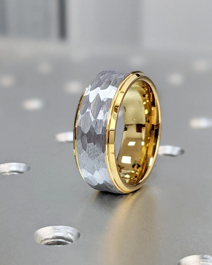Men's Tungsten Wedding Band / Hammered Silver Tungsten Ring / 8mm Wide Wedding Ring for Him / Yellow Gold Plated Tungsten Band / Comfort Fit