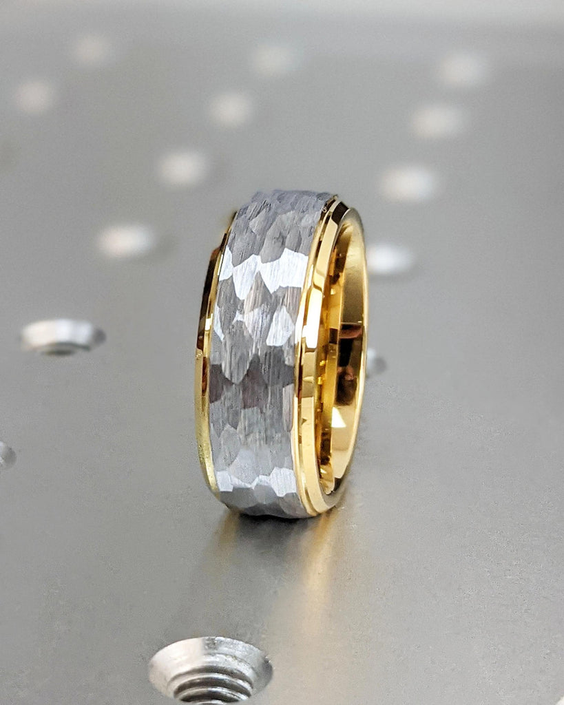 8mm Hammered Tungsten Men's Wedding Band: Yellow Gold Plated Interior, Silver Color Tungsten Carbide Exterior, Beveled Edge Tungsten Ring