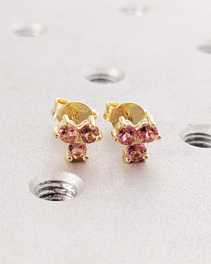 18K Solid Yellow Gold Tourmaline Earrings, Pink Cluster Stone Screw Back Stud Earrings, Women’s Everyday Jewelry
