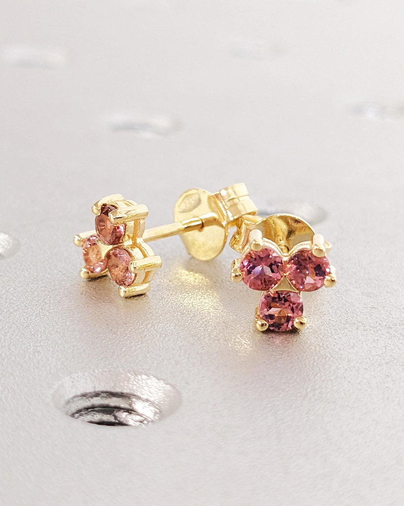 18K Solid Yellow Gold Tourmaline Earrings, Pink Cluster Stone Screw Back Stud Earrings, Women’s Everyday Jewelry