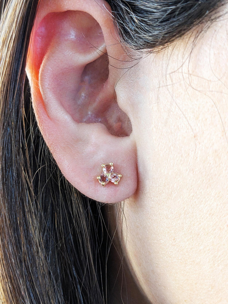 18K Solid Yellow Gold Tourmaline Earrings, Pink Cluster Stone Screw Back Stud Earrings, Women’s Everyday Jewelry