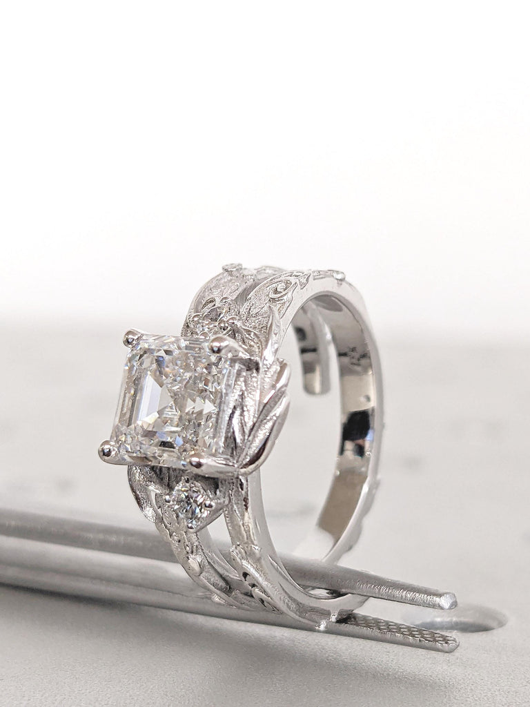 2ct Lab Grown Diamond Ring, Antique Asscher Cut Ring, Art Deco White Gold Engagement Ring, Big Statement Ring for Women, Vintage Floral Ring