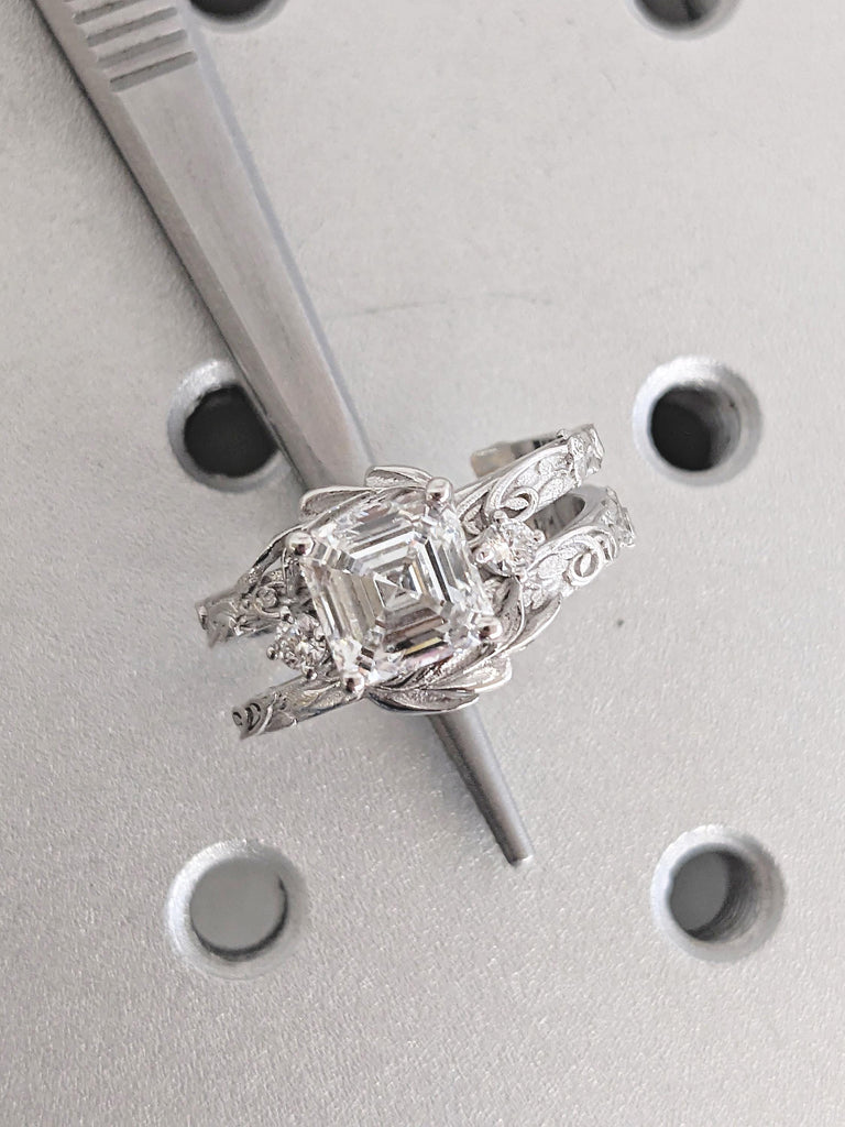 2ct Lab Grown Diamond Ring, Antique Asscher Cut Ring, Art Deco White Gold Engagement Ring, Big Statement Ring for Women, Vintage Floral Ring