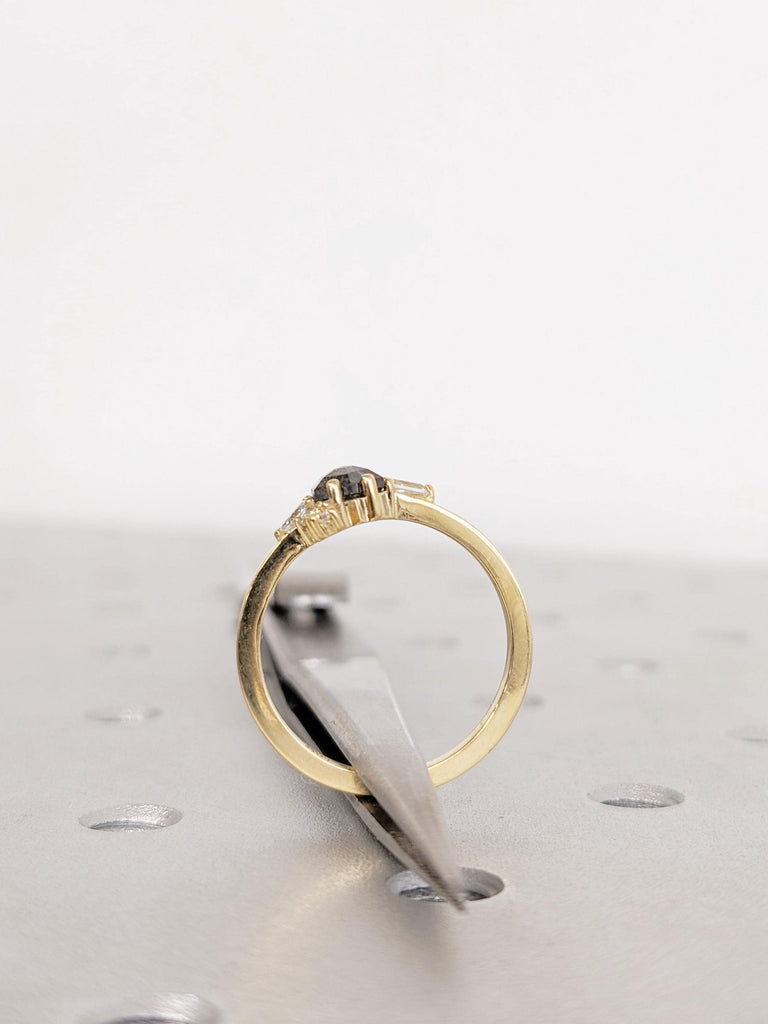 Hexagon Cut Salt and Pepper Diamond Engagement Ring, 18K Yellow Gold, Bridal Jewelry