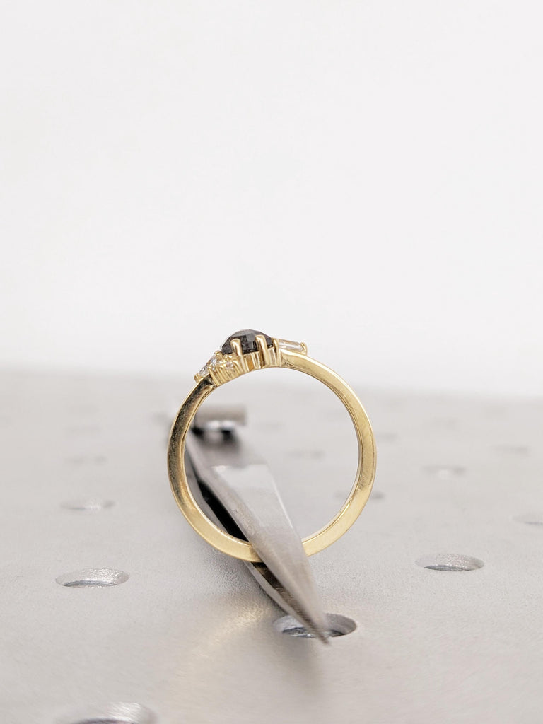 Hexagon Cut Salt and Pepper Diamond Ring, Diamond Cluster Engagement Ring, 18K Yellow Gold Salt and Pepper Wedding Ring, Bridal Jewelry Gift