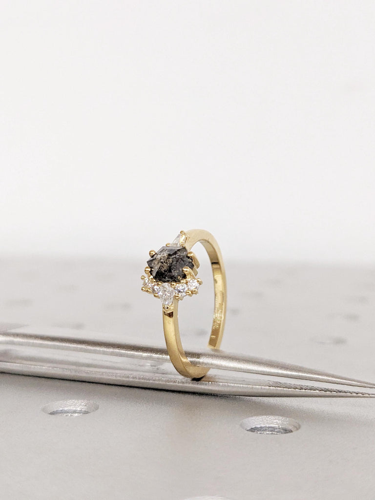 Hexagon Cut Salt and Pepper Diamond Engagement Ring, 18K Yellow Gold, Bridal Jewelry