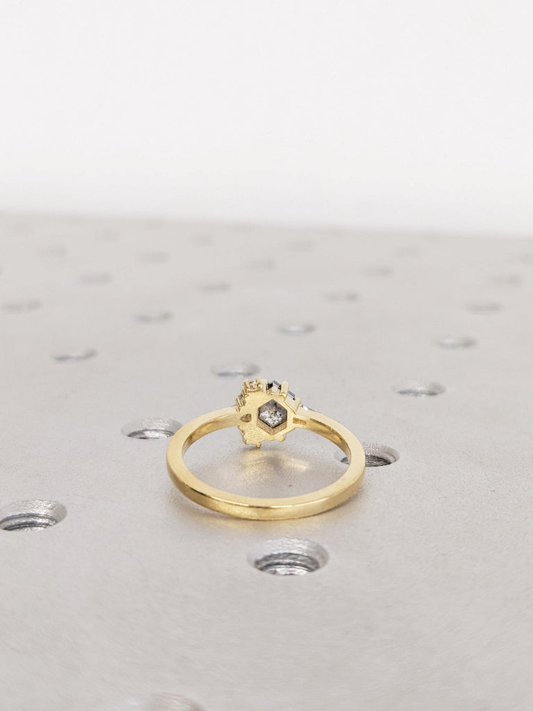 Hexagon Cut Salt and Pepper Diamond Ring, Diamond Cluster Engagement Ring, 18K Yellow Gold Salt and Pepper Wedding Ring, Bridal Jewelry Gift