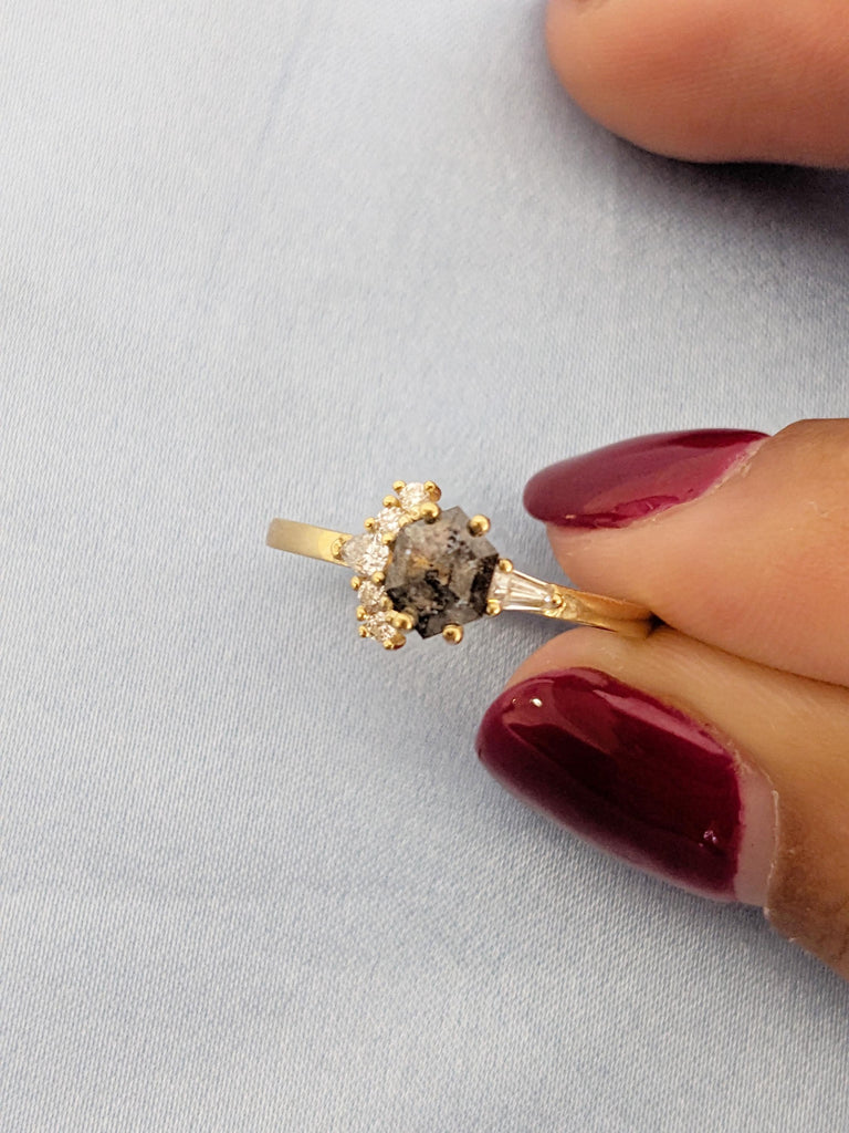 Hexagon Cut Salt and Pepper Diamond Engagement Ring, 18K Yellow Gold, Bridal Jewelry