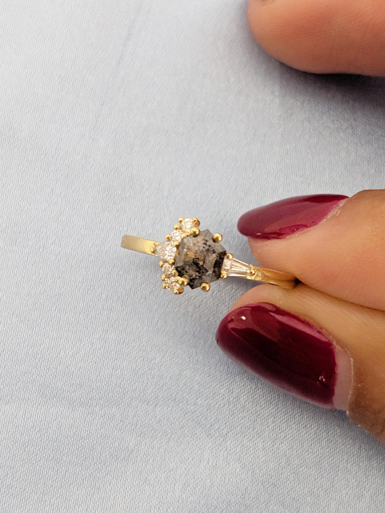 Hexagon Cut Salt and Pepper Diamond Ring, Diamond Cluster Engagement Ring, 18K Yellow Gold Salt and Pepper Wedding Ring, Bridal Jewelry Gift