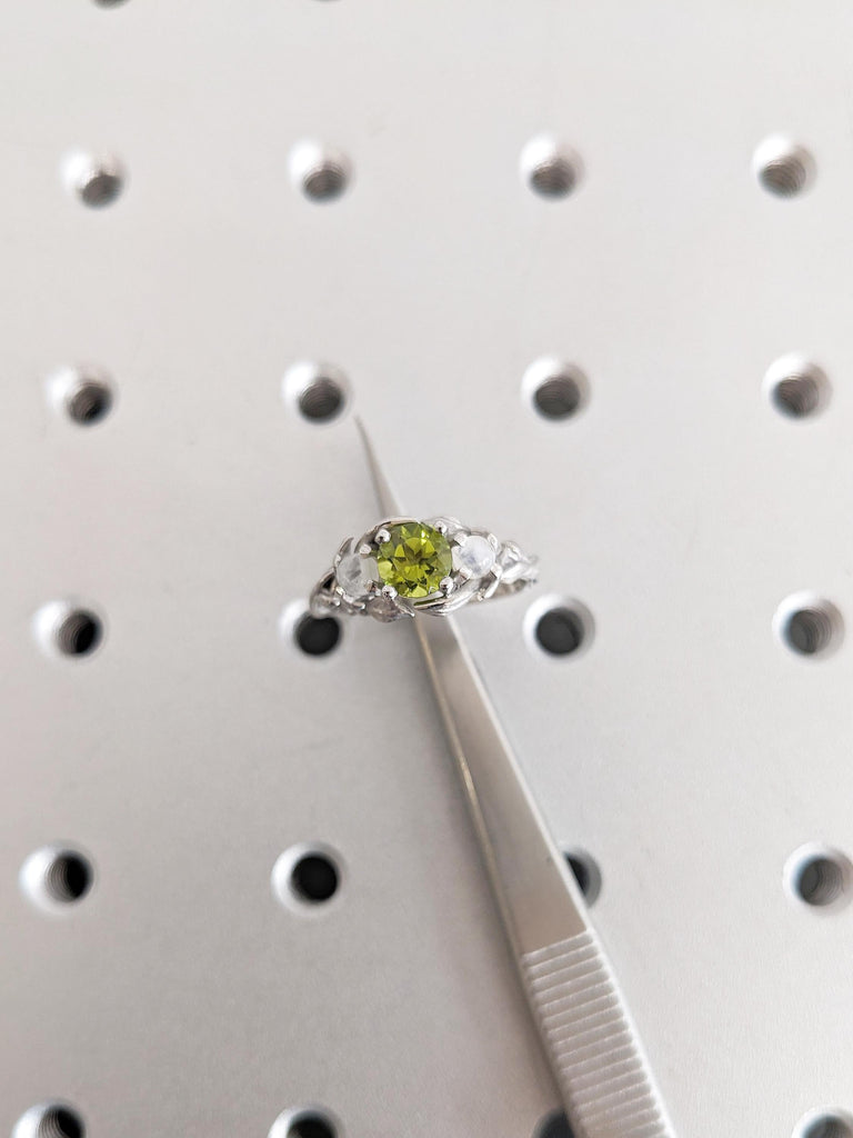 Round Cut Peridot Ring, Platinum Engagement Ring, Moonstone Ring, Floral Ring, Gemstone Ring