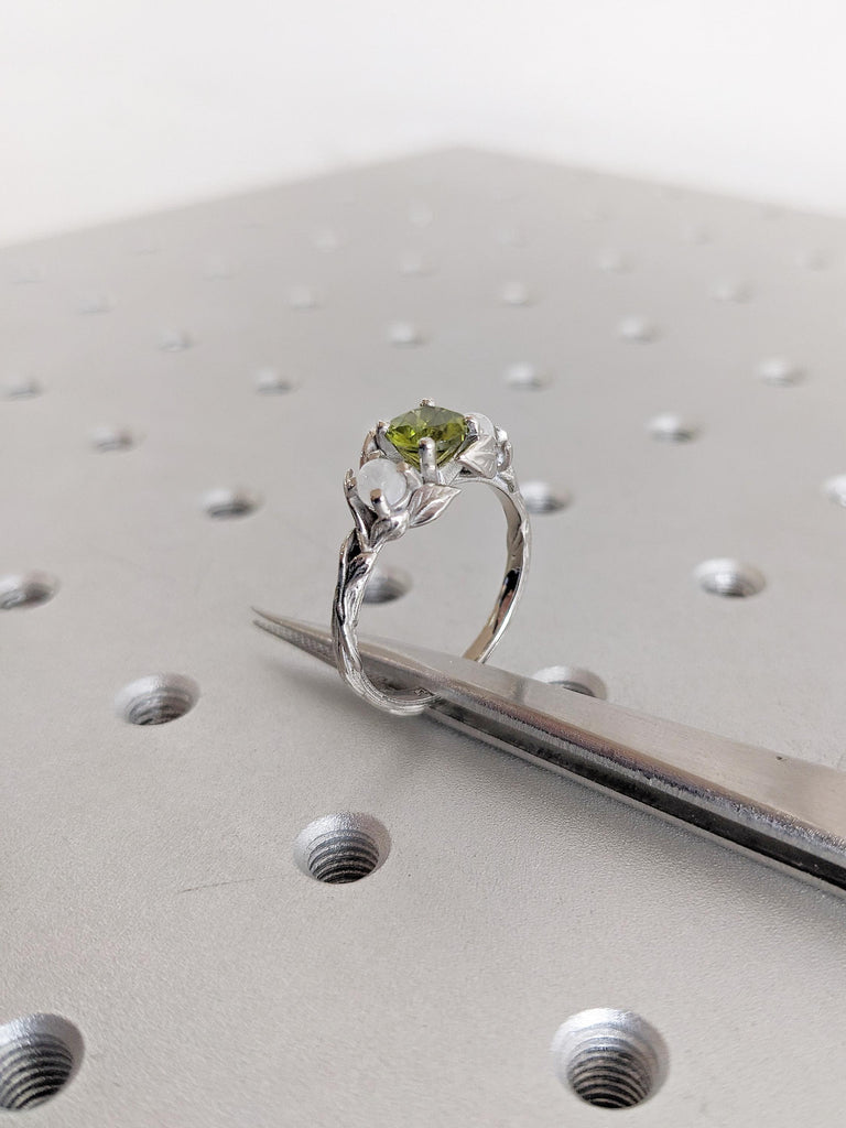 Round Cut Peridot Ring, Platinum Engagement Ring, Moonstone Ring, Floral Ring, Gemstone Ring