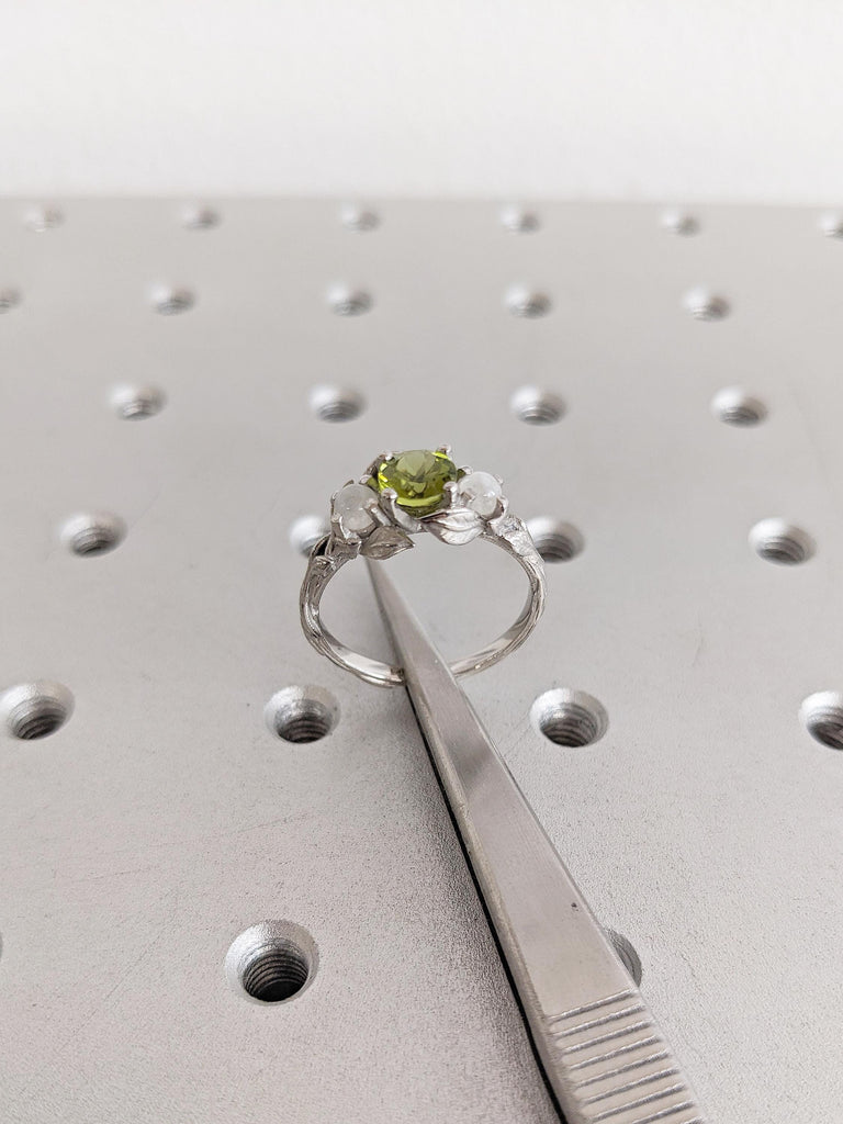 Round Cut Peridot Ring, Platinum Engagement Ring, Moonstone Ring, Floral Ring, Gemstone Ring