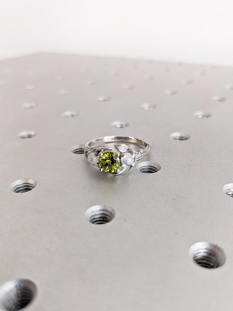 Round Cut Peridot Ring, Platinum Engagement Ring, Moonstone Ring, Floral Ring, Gemstone Ring