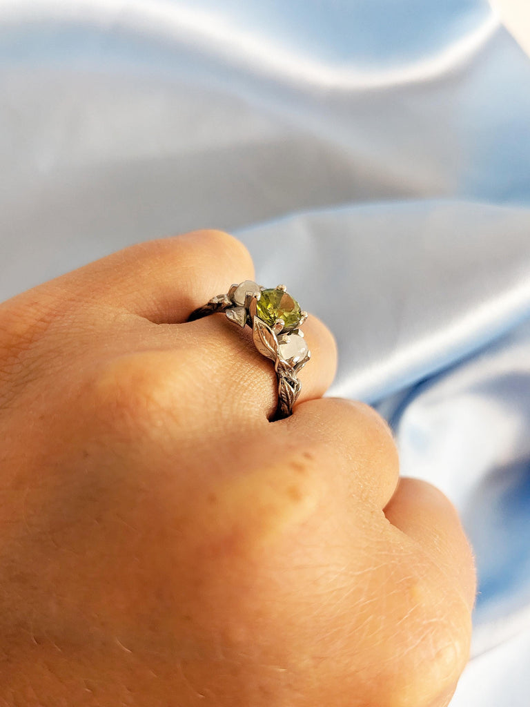 Round Cut Peridot Ring, Platinum Engagement Ring, Moonstone Ring, Floral Ring, Gemstone Ring