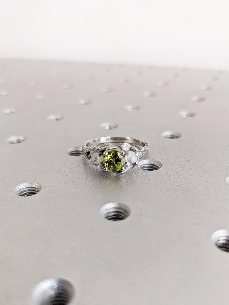 Unique Peridot Engagement Ring, Nature Inspired Platinum Ring, Round Cut Moonstone Cabochon, Peridot Ring, August Birthstone Ring, Leaf Ring