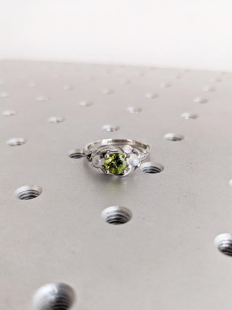 Round Cut Peridot Ring, Platinum Engagement Ring, Moonstone Ring, Floral Ring, Gemstone Ring