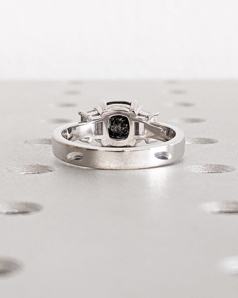 Cushion Cut Salt and Pepper Diamond Engagement Ring • 3 Stone Alternative Bridal Wedding Ring • Trapezoid Moissanites • 18K White Gold