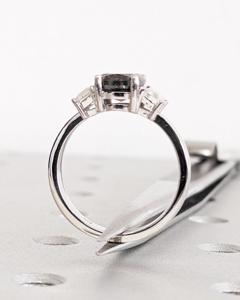 Cushion Cut Salt and Pepper Diamond Engagement Ring • 3 Stone Alternative Bridal Wedding Ring • Trapezoid Moissanites • 18K White Gold