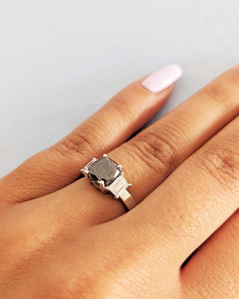 Three Stone Cushion Cut Engagement Ring | Salt and Pepper Diamond Engagement Ring | Side Trapezoid Moissanite Wedding Ring | 18K White Gold