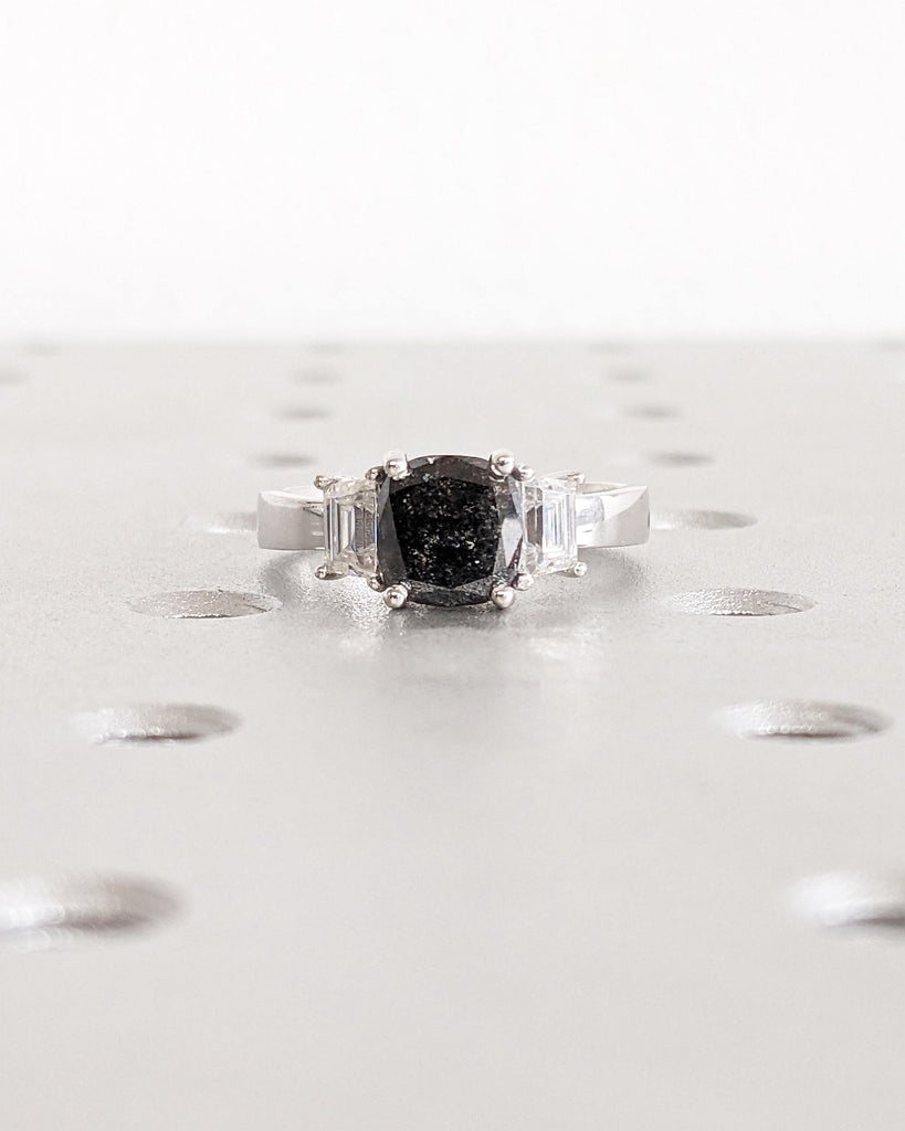 Cushion Cut Salt and Pepper Diamond Engagement Ring • 3 Stone Alternative Bridal Wedding Ring • Trapezoid Moissanites • 18K White Gold