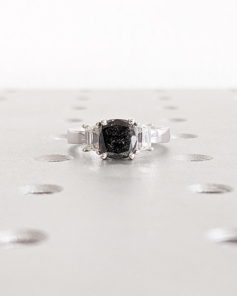 Three Stone Cushion Cut Engagement Ring | Salt and Pepper Diamond Engagement Ring | Side Trapezoid Moissanite Wedding Ring | 18K White Gold