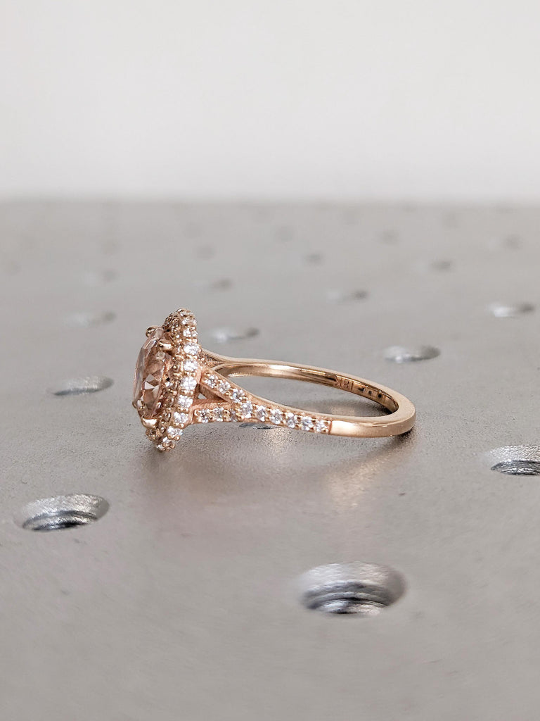 18k Rose Gold Lab Morganite Engagement Ring, Diamond Eternity Band, Halo Ring, Promise Ring