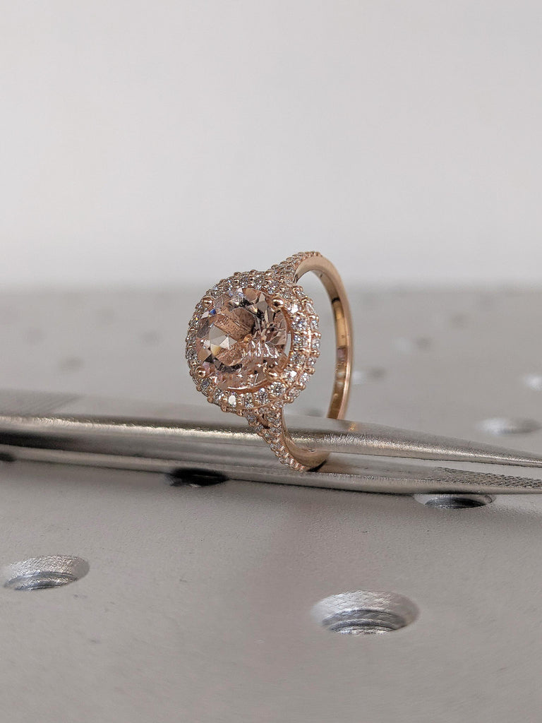 18k Rose Gold Lab Morganite Engagement Ring, Diamond Eternity Band, Halo Ring, Promise Ring