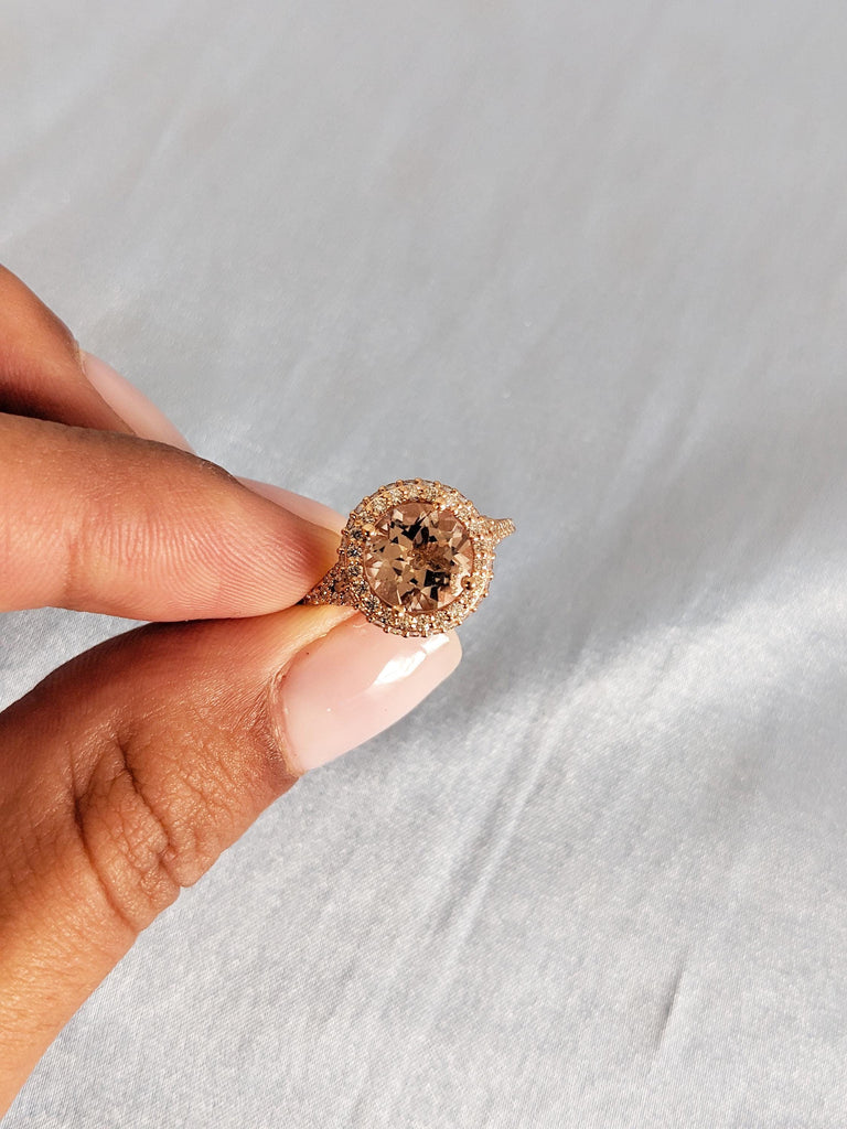 Round Morganite Ring, Halo Engagement Ring, Dainty 18k Rose Gold Ring, Diamond Hidden Halo, Art Deco Lab Morganite Wedding Ring, Bridal Ring