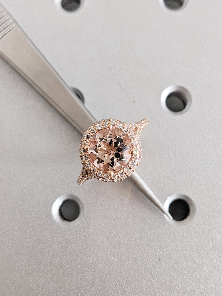 18k Rose Gold Lab Morganite Engagement Ring, Diamond Eternity Band, Halo Ring, Promise Ring