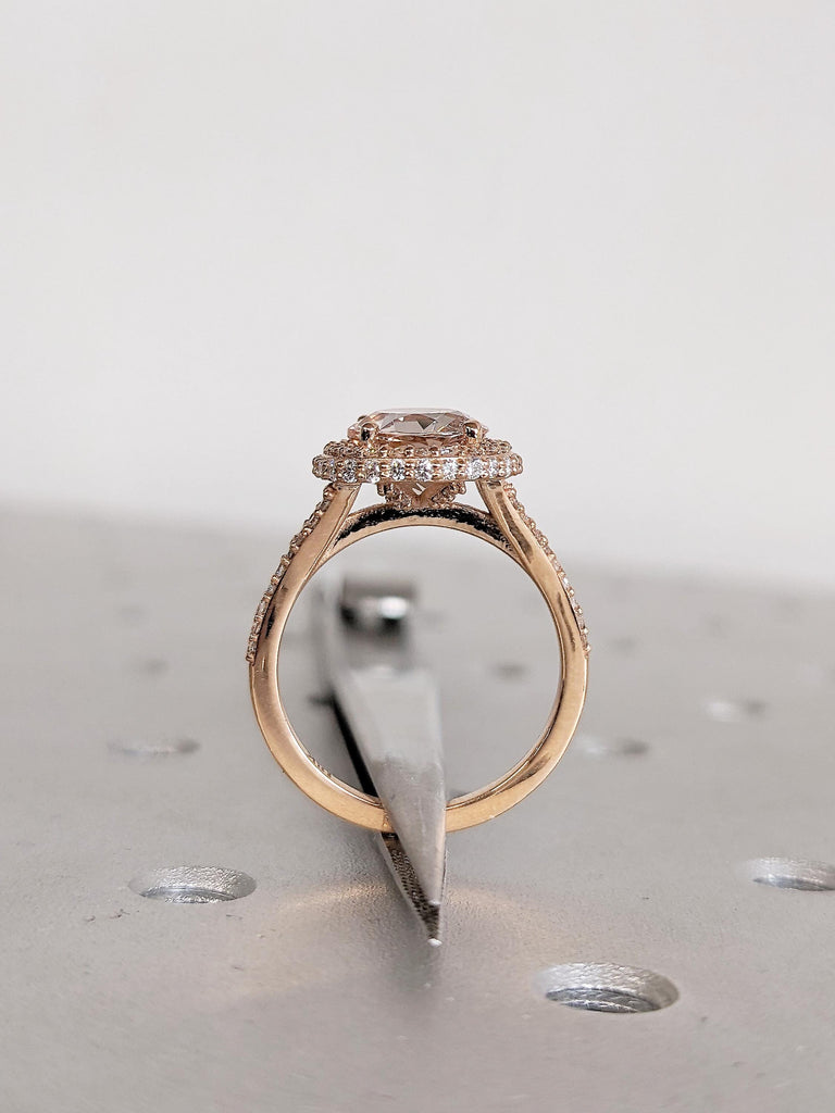 18k Rose Gold Lab Morganite Engagement Ring, Diamond Eternity Band, Halo Ring, Promise Ring